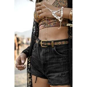 Vintage Artisan Southwest Inlay Leather Belt |Solid Brass Buckle Desertcore EUC